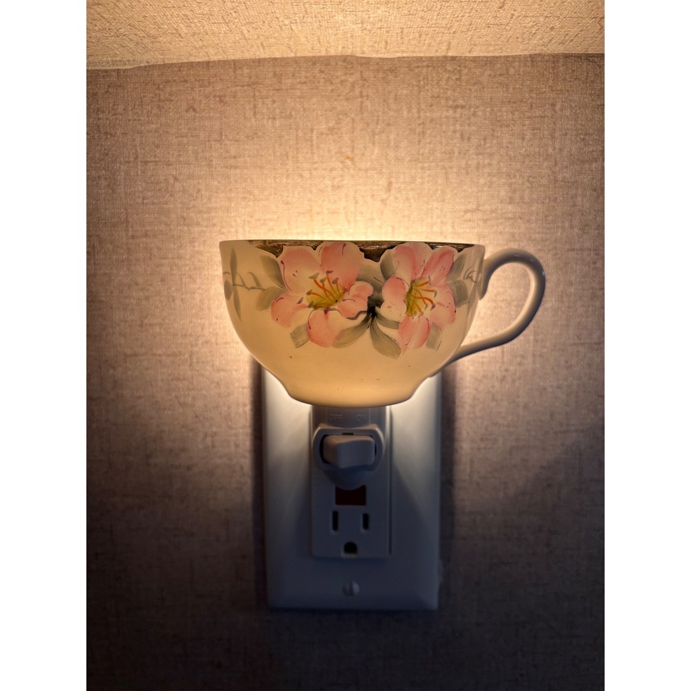Vintage Upcycled Porcelain Teacup Night Light Pink Floral Hand Painted Plug In